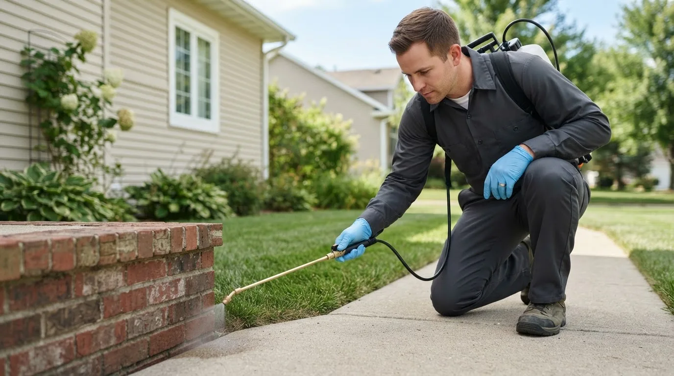 Pest control technician treating a home near Chester, OK
