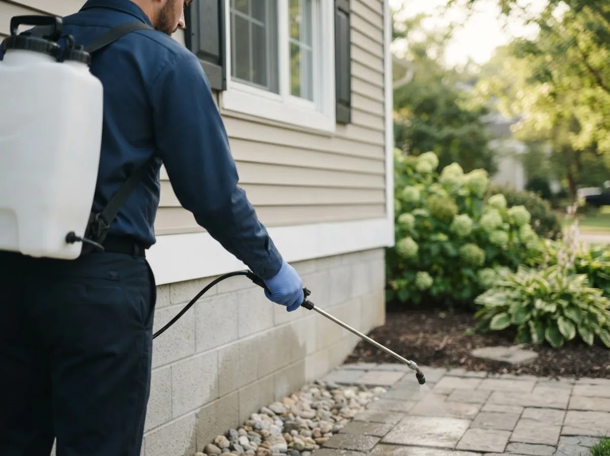 Pest control technician inspecting a home in Chester, OK